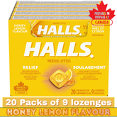 HALLS Honey Lemon Flavour Mentho-Lyptus Cough Drops – 1 Tray (20 Packs of 9 Lozenges) – Throat & Cough Relief