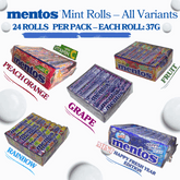 Mentos Chewy Candy Rolls featuring all 5 flavors: Grape, Fruit (Strawberry & Orange), Rainbow, Mint (Happy Fresh Year Edition), and Peach Orange with Vitamin C. Individually wrapped rolls in colorful packaging showing fruity and minty varieties.