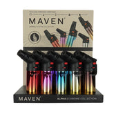 Display of Maven Alpha Chrome Collection torch lighters with packaging in the background.