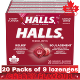 HALLS Cherry Flavour Mentho-Lyptus Cough Drops – 1 Tray (20 Packs of 9 Lozenges) – Throat & Cough Relief