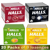 HALLS Mentho-Lyptus Cough Drops – Throat Relief Lozenges – 20 Packs of 9 per Tray | Multiple Flavours