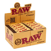 RAW Original Natural Paper Filter Tips – Open Box Display showing 50 Packs with 50 Tips Each, eco-friendly unrefined chlorine-free paper tips arranged neatly inside branded packaging