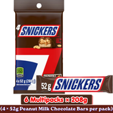 Snickers Peanut Milk Chocolate Bars — Pack of 6 × 208g Multipacks (4 × 52g Bars per pack)