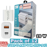 Thunder Bay 20W Dual Port USB Wall Charger – USB-C + USB-A PD Fast Charging – 3.1A – Pack of 12