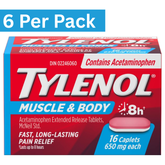 Tylenol Muscle Aches & Body Pain Caplets 650mg Extended Release – 16 Count Box, Pack of 6 – Wholesale Pain Relief Medicine