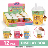 Wish Hand Wipes with Keychain, 25 Wipes per Cup, 3 Dessert Scents, 12 Piece Display Box