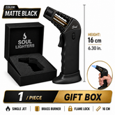 Soul Lighters Caliber pistol-grip butane torch lighter, matte black, brass burner, 16 cm