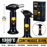 Soul Lighters Golden Flame Skull cigar torch lighter, black housing, 1300C piezo, 15.5 cm