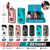 Soul Lighters Round-Window Triple-Jet Torch Lighter, 7 designs, 9-count display