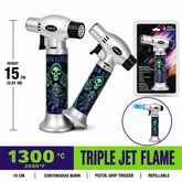 Soul Lighters Triton Reefer green reaper cannabis triple-jet pistol-grip butane torch lighter, 15 cm