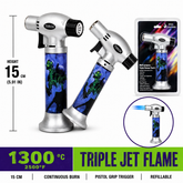 Soul Lighters Triton Ghoul green hooded reaper triple-jet pistol-grip butane torch lighter, 15 cm