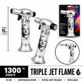 Soul Lighters Triton Noir black and white portrait triple-jet pistol-grip butane torch lighter, 15 cm