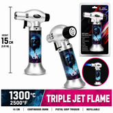Soul Lighters Triton Vandal neon graffiti sugar-skull triple-jet pistol-grip butane torch lighter, 15 cm