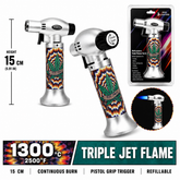 Soul Lighters Triton Groovy psychedelic tie-dye leaf triple-jet pistol-grip butane torch lighter, 15 cm