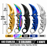 Folding Pocket Karambit 8.5" (21.6 cm) Hawkbill Knife, 3.5" (8.9 cm) 440 Stainless Steel Blade, Finger Ring, with Belt Clip, 5 Colours: Gold, Rainbow, Black, Blue, Silver
