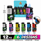 Soul Lighters Slab Triple-Jet Cigar Torch Lighter, 6 skull and leaf designs, 12-count