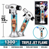 Soul Lighters Triton Lagoon beach pin-up triple-jet pistol-grip butane torch lighter, 15 cm
