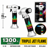 Soul Lighters Triton Irie rasta reggae stripe leaf triple-jet pistol-grip butane torch lighter, 15 cm