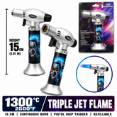 Soul Lighters Triton Astral galaxy watercolour skull triple-jet pistol-grip butane torch lighter, 15 cm