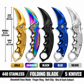 Folding Pocket Karambit 8.5" (21.6 cm) Hawkbill Knife, Pack of 5 Assorted Colours (Gold, Rainbow, Black, Blue, Silver), 3.5" 440 Stainless Steel Blade, Finger Ring, with Belt Clip
