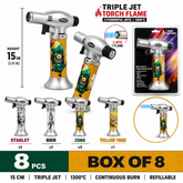 Soul Lighters Triton Mixtape triple-jet pistol-grip butane torch lighter box of 8, novelty prints, 15 cm