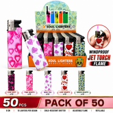 Soul Lighters Heart & Love Pocket Torch Lighter, refillable windproof flame, Box of 50