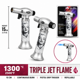 Soul Lighters Triton Starlet vintage pin-up triple-jet pistol-grip butane torch lighter, 15 cm