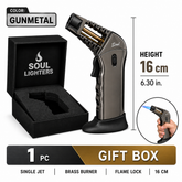 Soul Lighters Caliber pistol-grip butane torch lighter, gunmetal chrome, brass burner, 16 cm