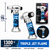 Soul Lighters Triton Cryo ice frost skull triple-jet pistol-grip butane torch lighter, 15 cm