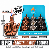 Soul Middle Finger Talking Jet Torch Lighter, refillable windproof, Copper Silver and Gunmetal, display box of 9 – Wholesale Canada