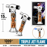 Soul Lighters Triton Dune beach pin-up triple-jet pistol-grip butane torch lighter, 15 cm