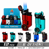 Soul Lighters Cannon Triple-Jet Torch Lighter, 6 designs, 12-count display