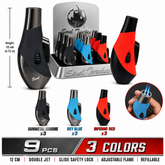 Soul Lighters Torpedo Double-Jet metal torch lighter, teardrop body, 3 colours, 9-count
