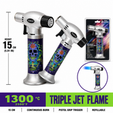 Soul Lighters Triton Shroom psychedelic skull triple-jet pistol-grip butane torch lighter, 15 cm
