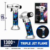 Soul Lighters Triton Cyber mechanical skull triple-jet pistol-grip butane torch lighter, 15 cm