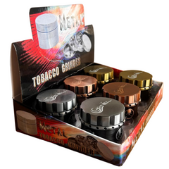 Box of 6 Genie Metal Tobacco Grinders – Magnetic, Skull & Leaf Embossed, Copper Silver Gold