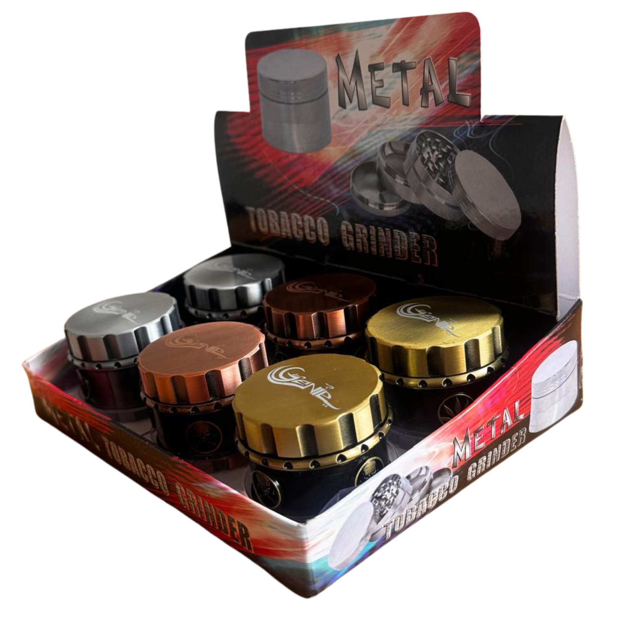 Box of 6 Genie Metal Tobacco Grinders – Magnetic, Skull & Leaf Embossed, Copper Silver Gold