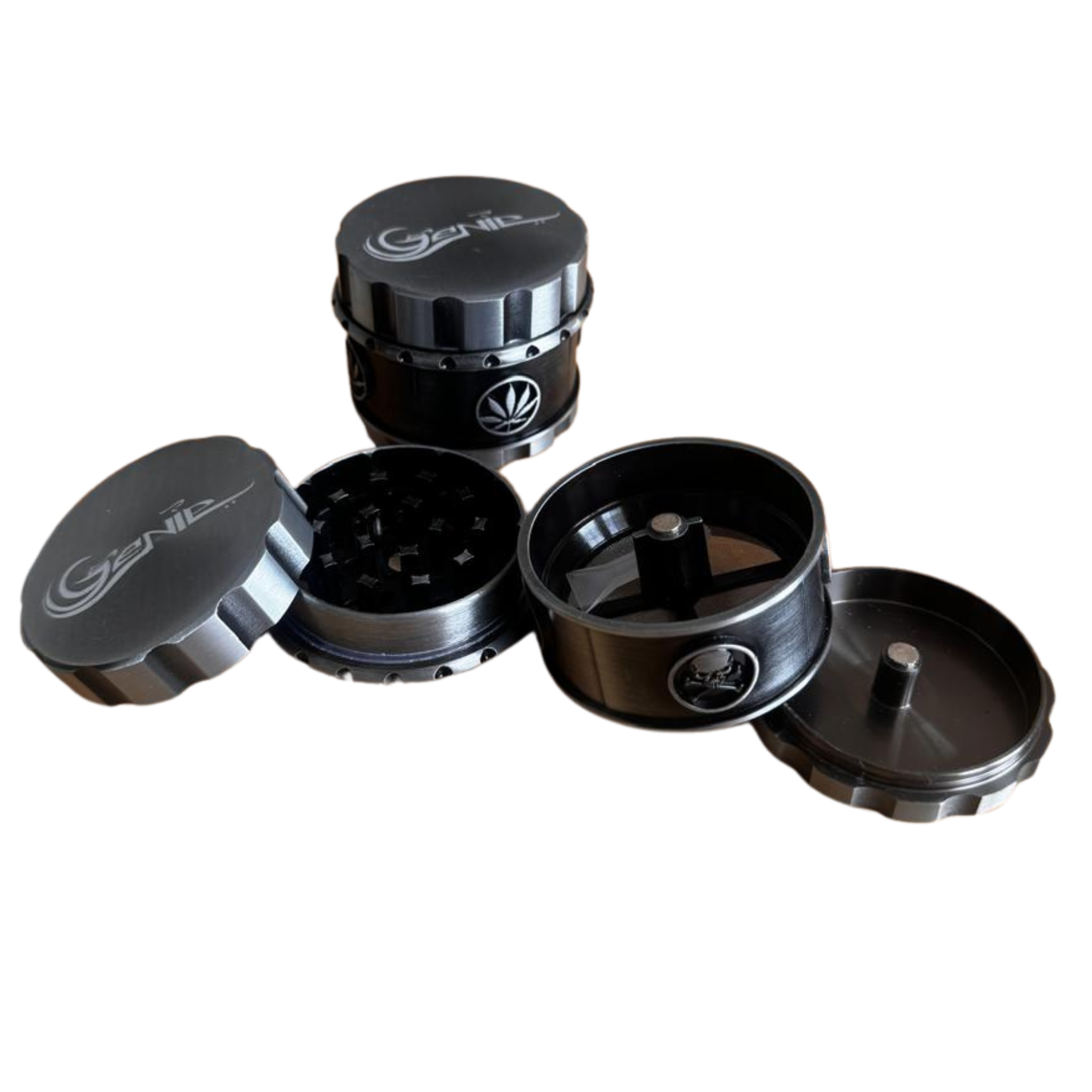 Genie Open black 4-piece metal tobacco grinder showing razor-sharp teeth and pollen screen
