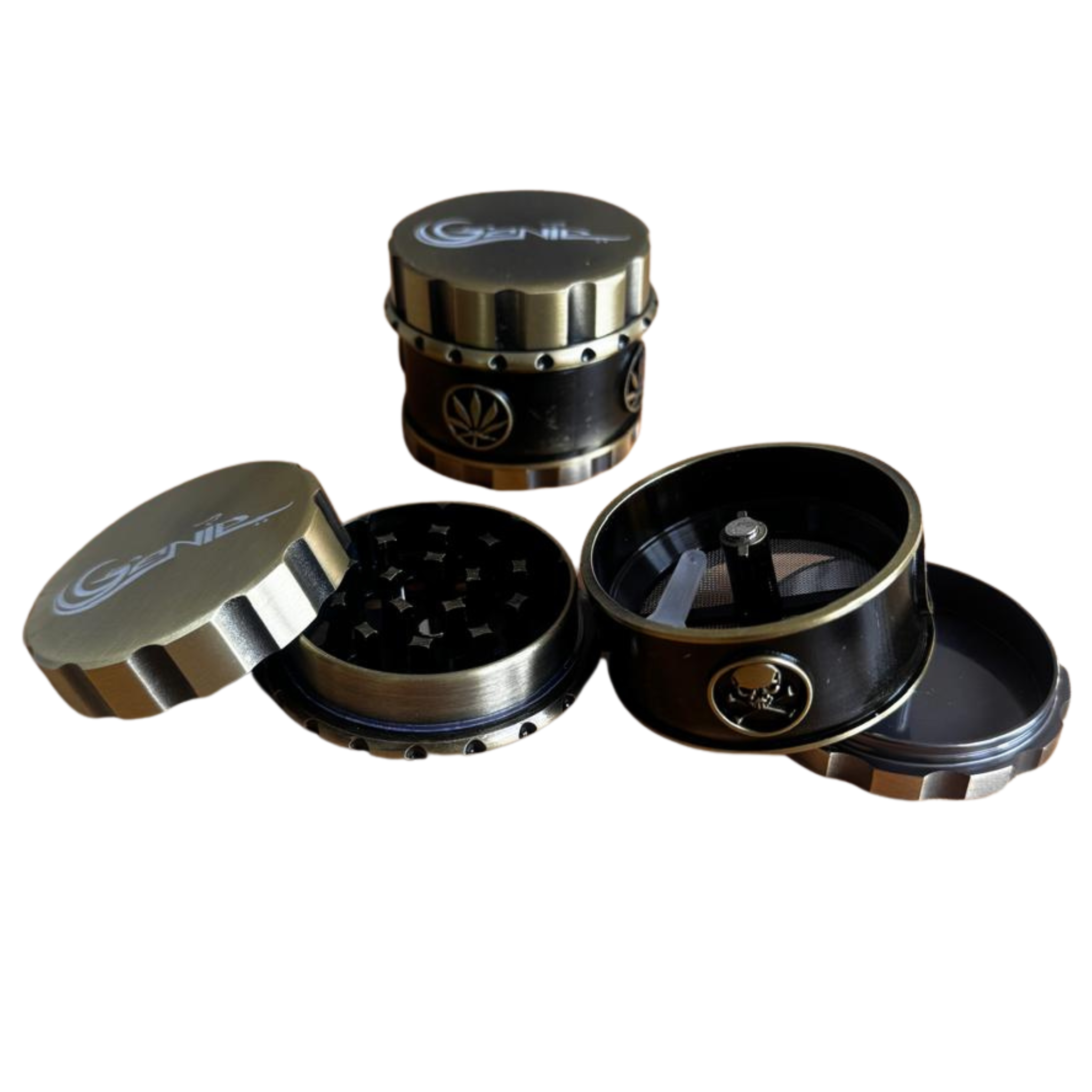Open gold 4-piece metal tobacco grinder showing sharp teeth and pollen catcher screen