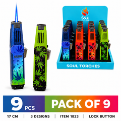 Soul Lighters Premium Heavy-Metal Leaf-Print Jet Torch Lighter, 3 designs, Pack of 9