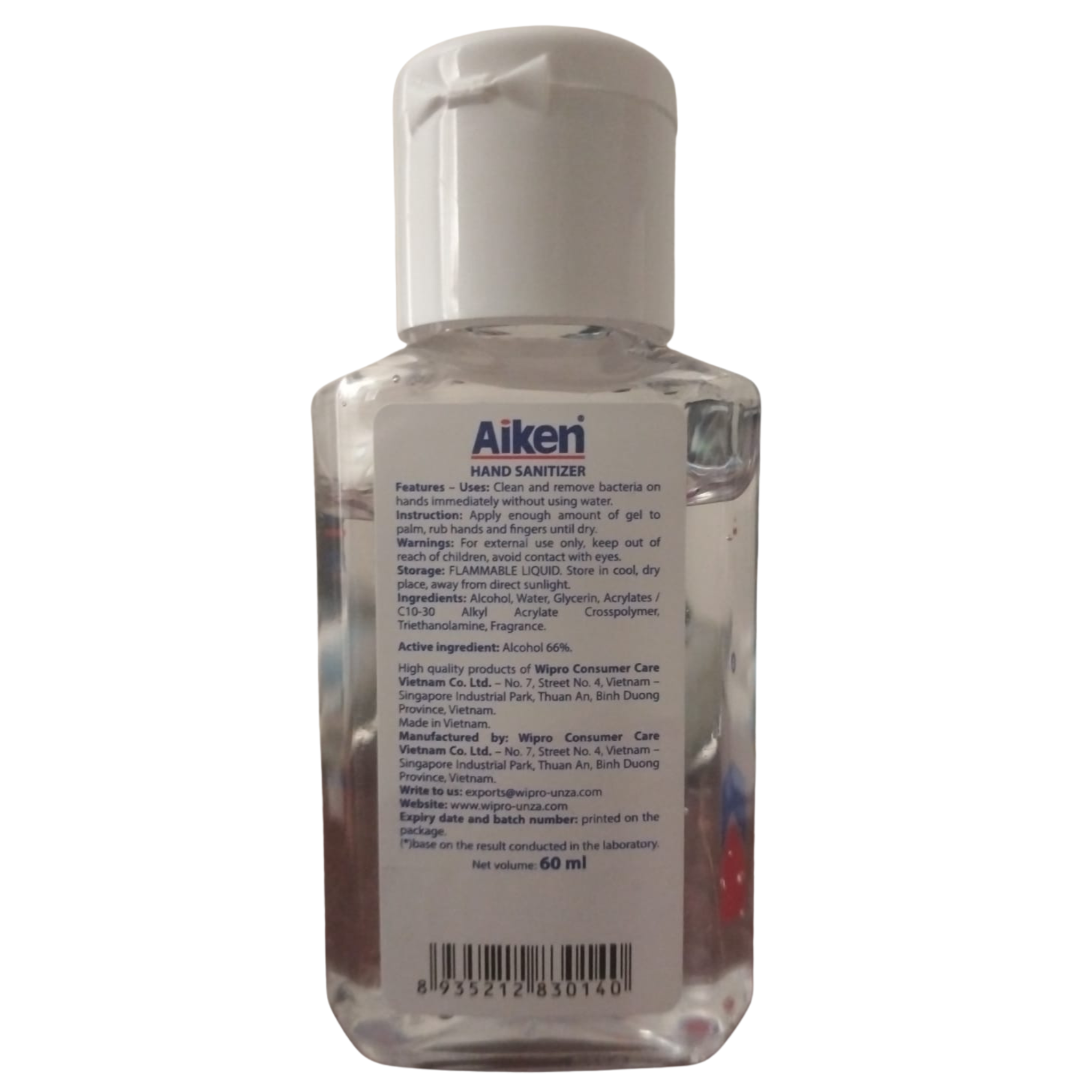 Back side of AIKEN Antibacterial Hand Sanitizer 60ml Bottle – Instant Protection, Quick Drying & Non-Sticky Formula