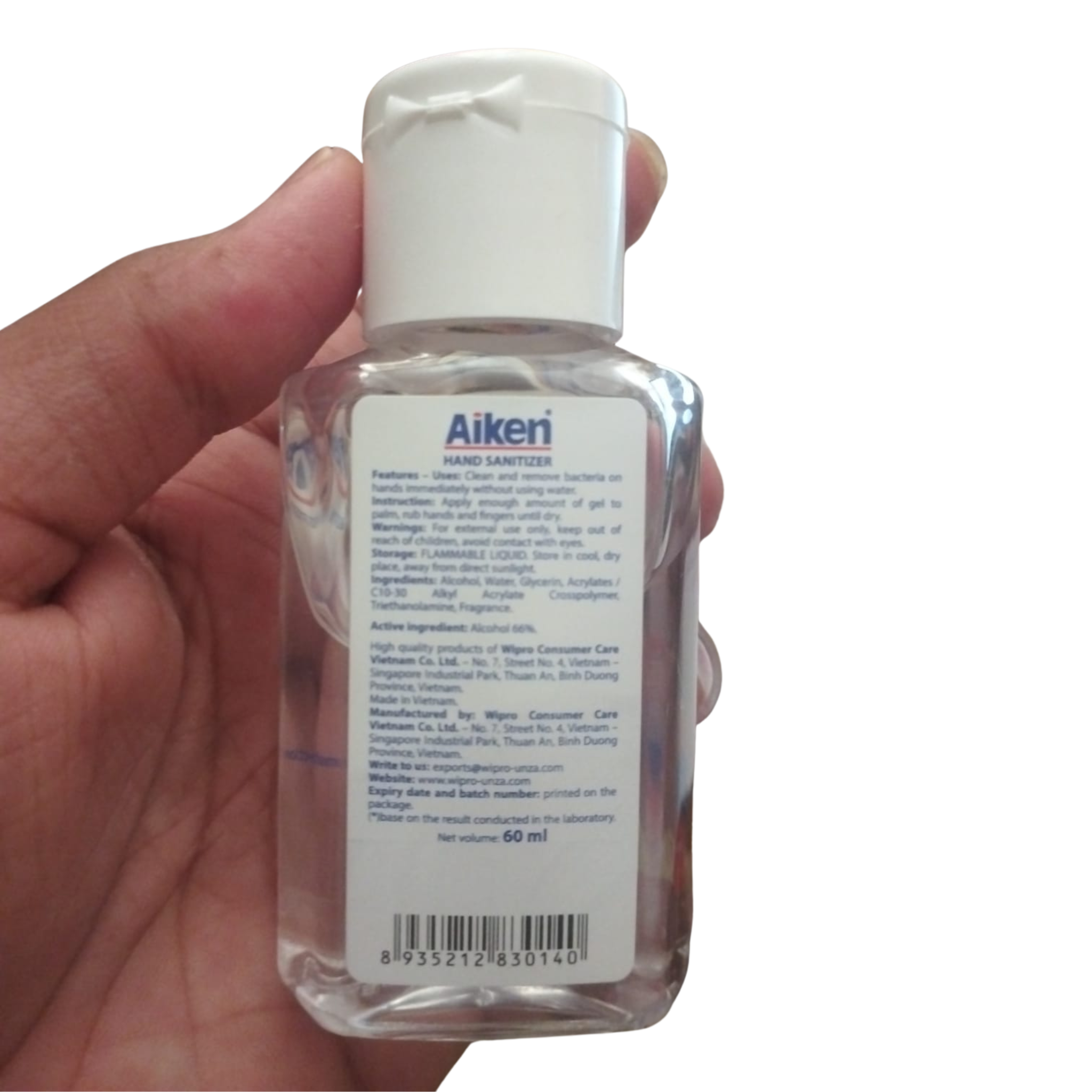 Hand holding AIKEN Antibacterial Hand Sanitizer 60ml Bottle – Instant Protection, Quick Drying & Non-Sticky Formula