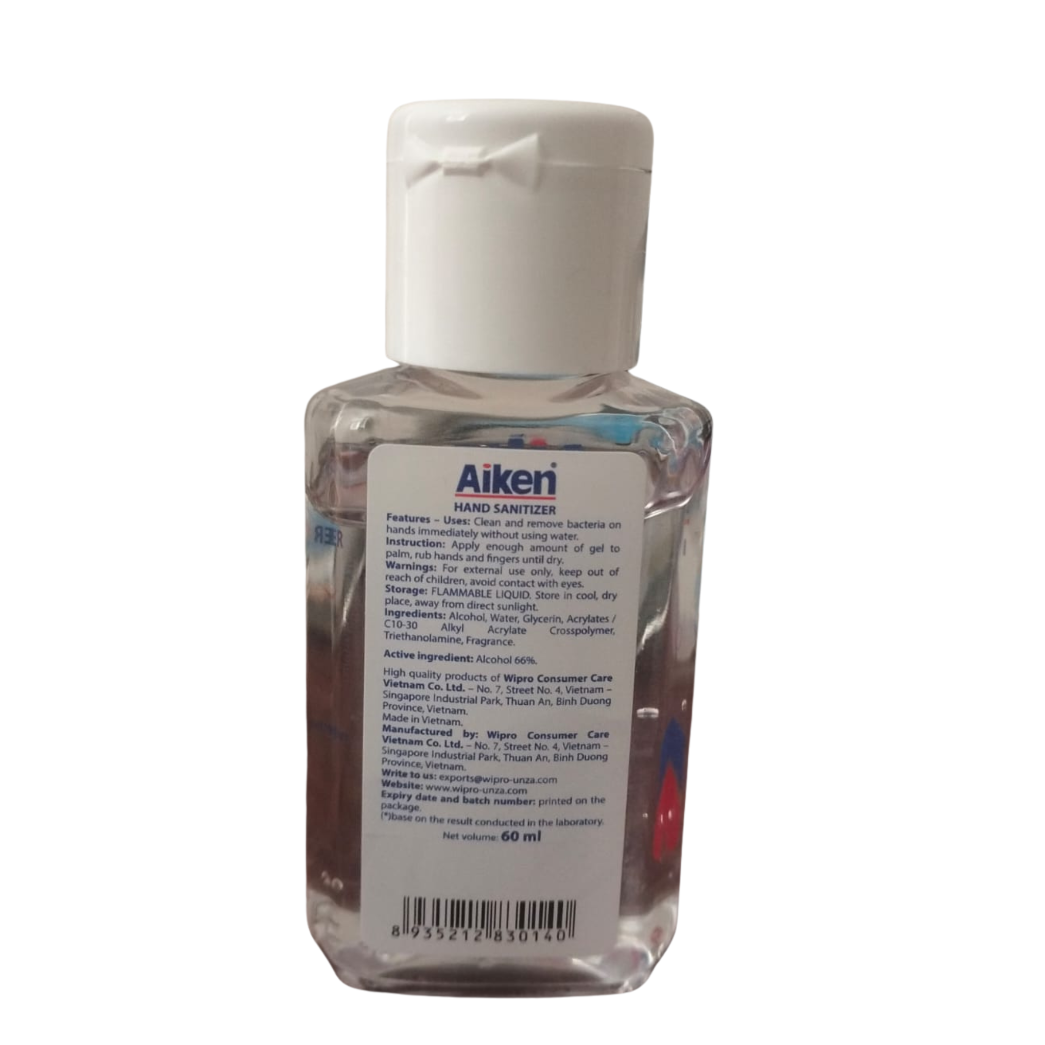 Back side view of AIKEN Antibacterial Hand Sanitizer 60ml Bottle – Instant Protection, Quick Drying & Non-Sticky Formula