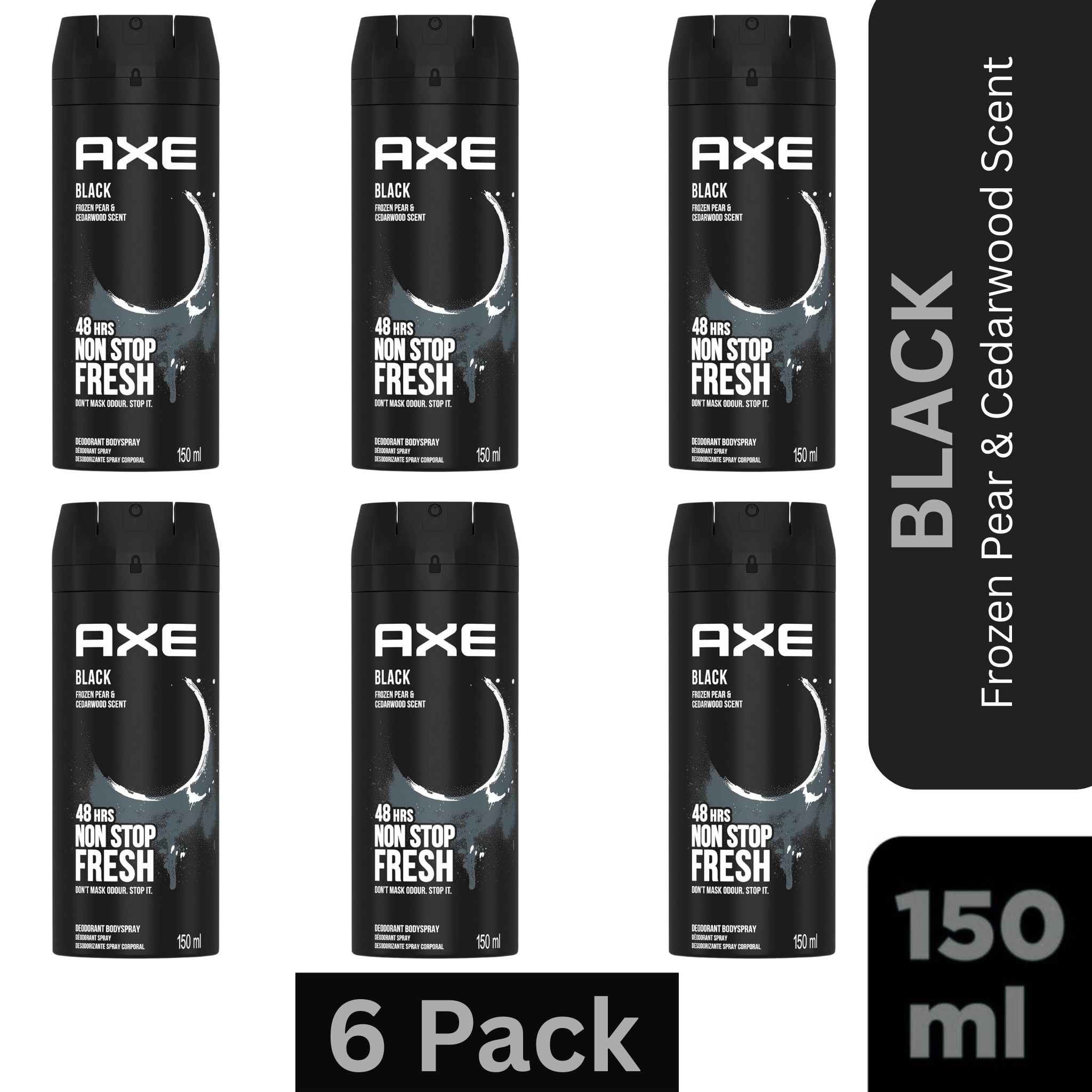 AXE Black Deodorant Body Spray for Men Pack of 6 – Frozen Pear & Cedarwood Scent – 150ml Can