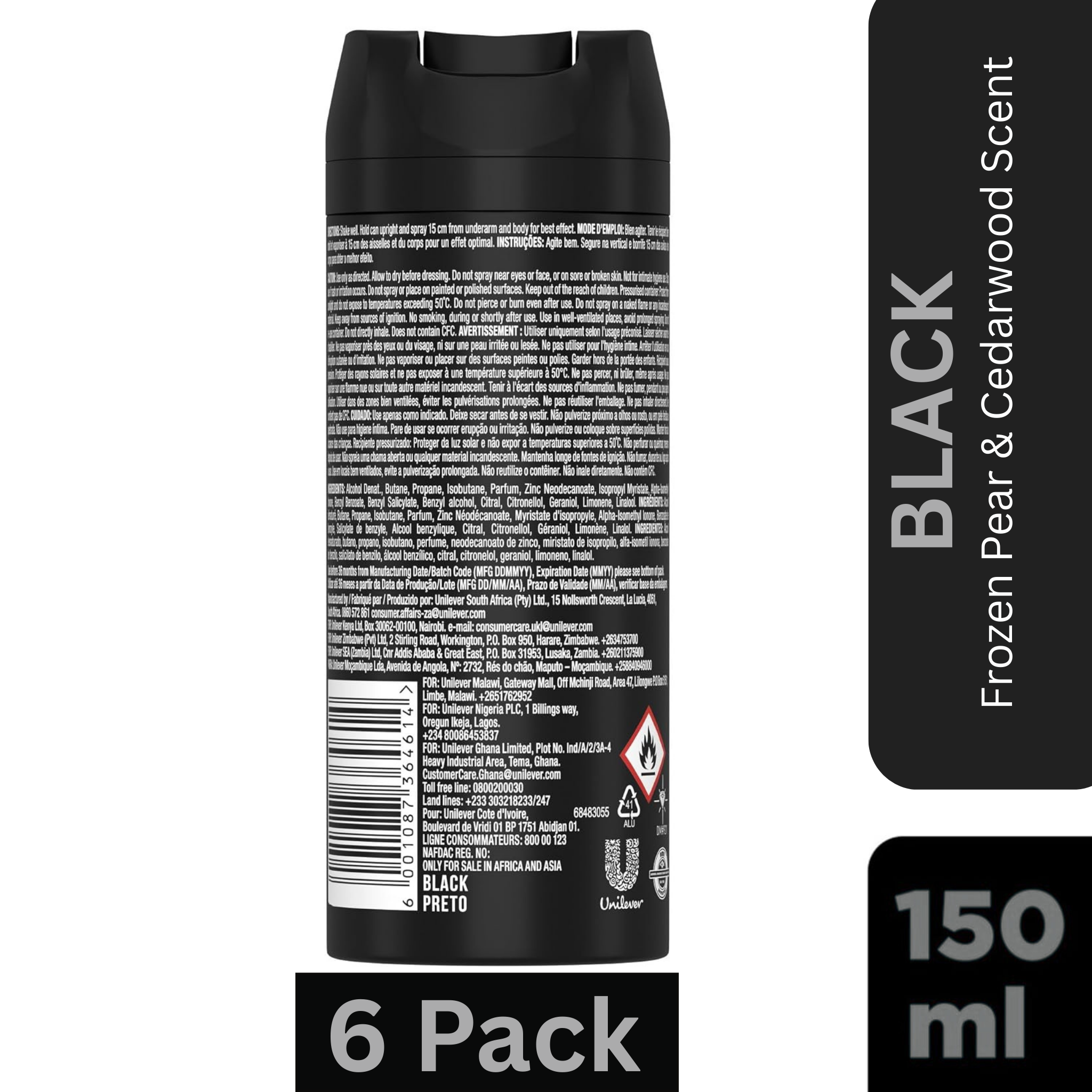 AXE Black Deodorant Body Spray for Men Pack of 6 – Frozen Pear & Cedarwood Scent – 150ml Can