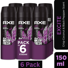 AXE Excite Deodorant Body Spray for Men – Crisp Coconut & Black Pepper scent – 150ml can, 48-hour freshness & odor protection, pack of 6