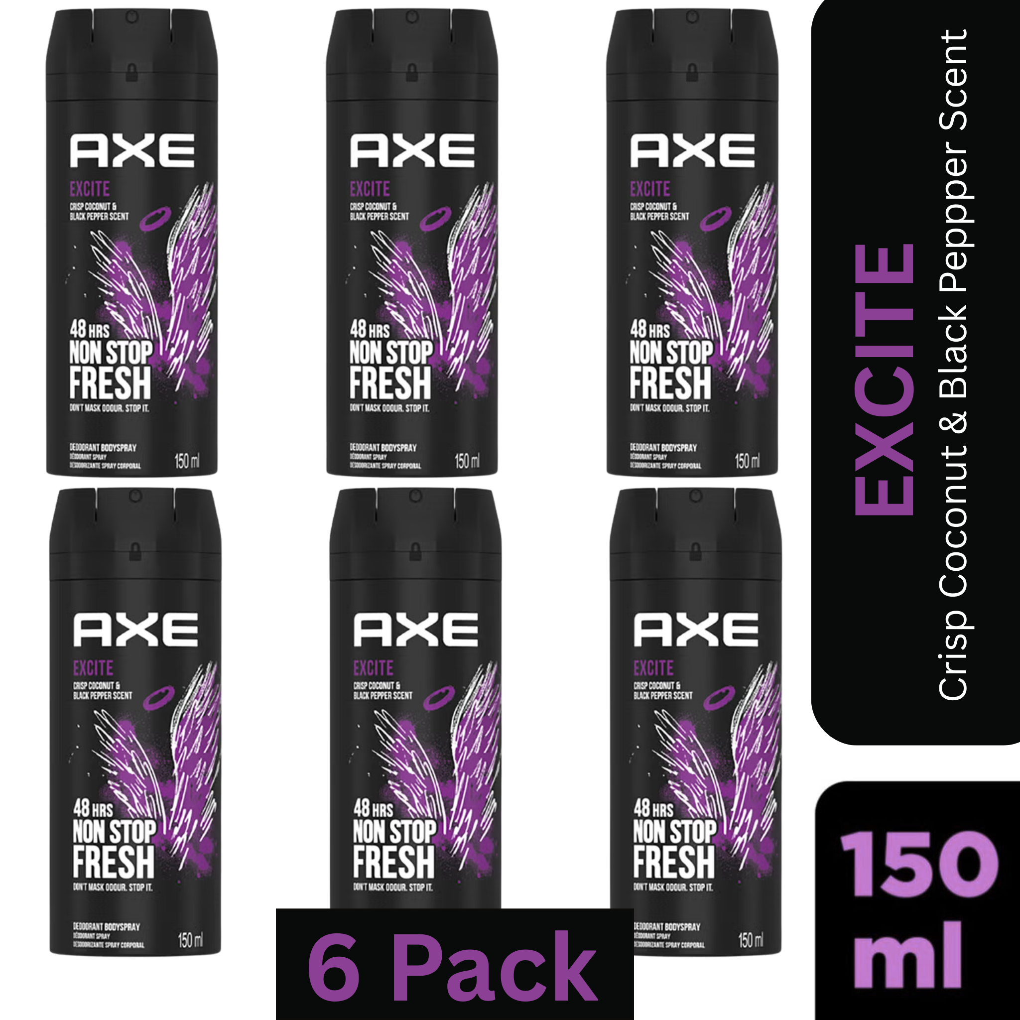 AXE Excite Deodorant Body Spray for Men – Crisp Coconut & Black Pepper scent – 150ml can, 48-hour freshness & odor protection, pack of 6