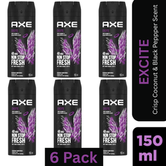 AXE Excite Deodorant Body Spray for Men – Crisp Coconut & Black Pepper scent – 150ml can, 48-hour freshness & odor protection, pack of 6