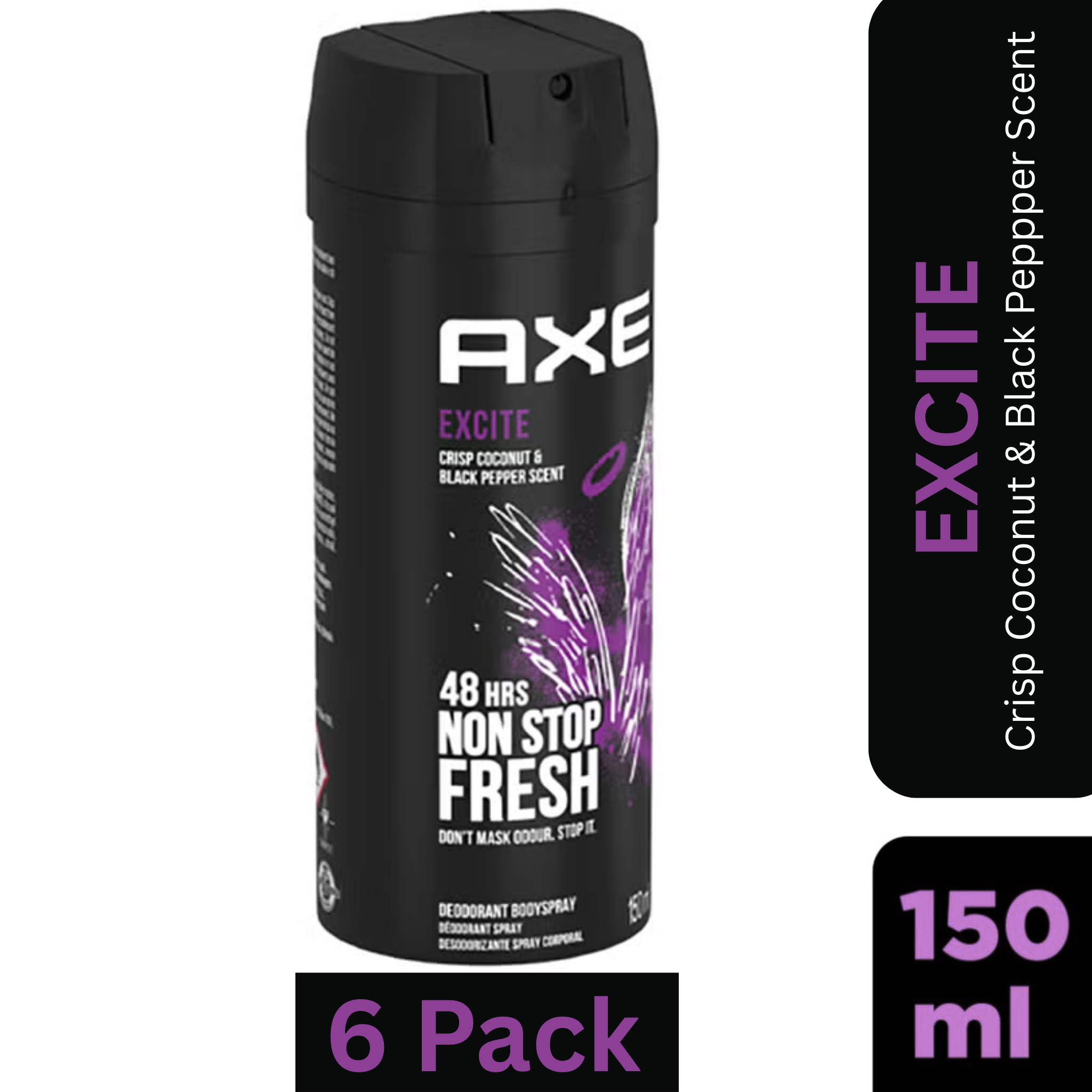 AXE Excite Deodorant Body Spray for Men – Crisp Coconut & Black Pepper scent – 150ml can, 48-hour freshness & odor protection, pack of 6