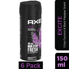 AXE Excite Deodorant Body Spray for Men – Crisp Coconut & Black Pepper scent – 150ml can, 48-hour freshness & odor protection, pack of 6